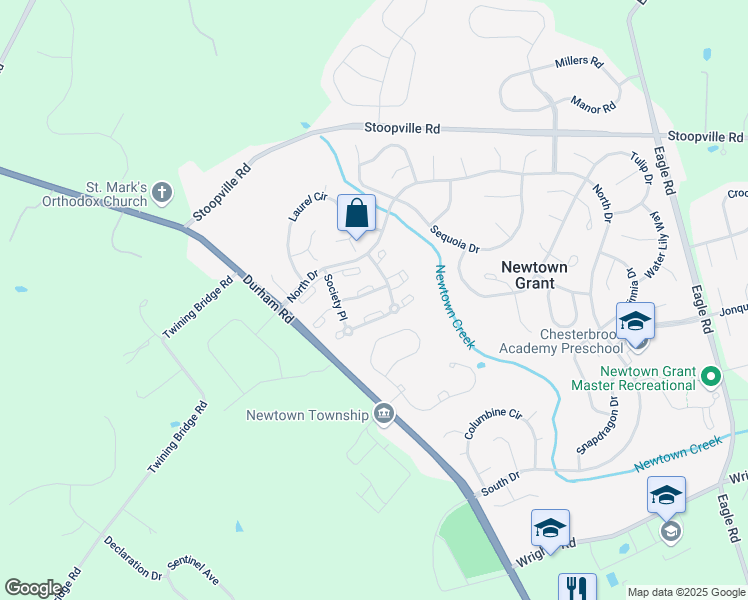 map of restaurants, bars, coffee shops, grocery stores, and more near 1604 Society Place in Newtown