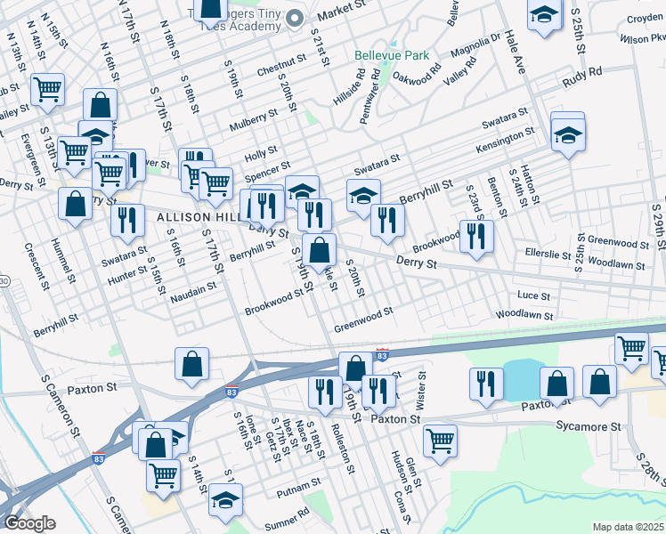 map of restaurants, bars, coffee shops, grocery stores, and more near 543 Dunkle Street in Harrisburg
