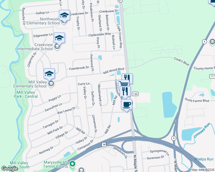 map of restaurants, bars, coffee shops, grocery stores, and more near 418 Bent Tree Drive in Marysville