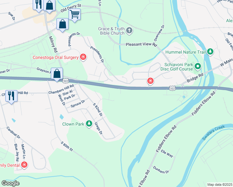 map of restaurants, bars, coffee shops, grocery stores, and more near 8485 Paxton Street in Hummelstown