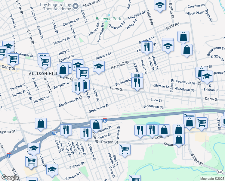 map of restaurants, bars, coffee shops, grocery stores, and more near 2103 Derry Street in Harrisburg