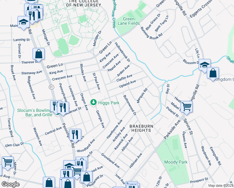 map of restaurants, bars, coffee shops, grocery stores, and more near 171 Somerset Street in Ewing Township