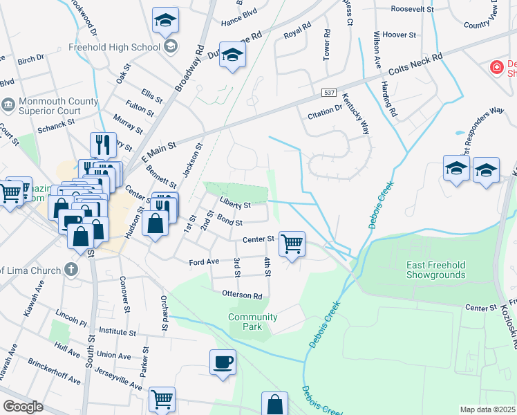 map of restaurants, bars, coffee shops, grocery stores, and more near 46 Liberty Street in Freehold
