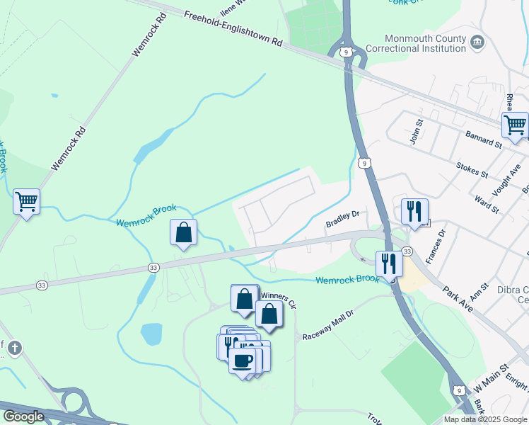 map of restaurants, bars, coffee shops, grocery stores, and more near 61 New Jersey 33 in Freehold