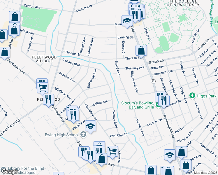 map of restaurants, bars, coffee shops, grocery stores, and more near 991 Terrace Boulevard in Ewing Township