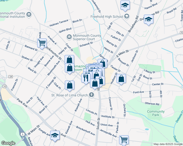 map of restaurants, bars, coffee shops, grocery stores, and more near 15-17 East Main Street in Freehold