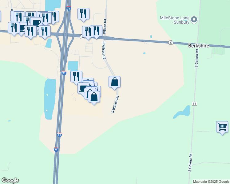 map of restaurants, bars, coffee shops, grocery stores, and more near 385 South Wilson Road in Sunbury