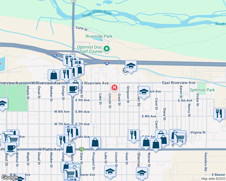 map of restaurants, bars, coffee shops, grocery stores, and more near 1000 Lincoln Street in Fort Morgan