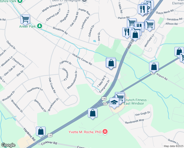 map of restaurants, bars, coffee shops, grocery stores, and more near 65 Cypress Drive in East Windsor
