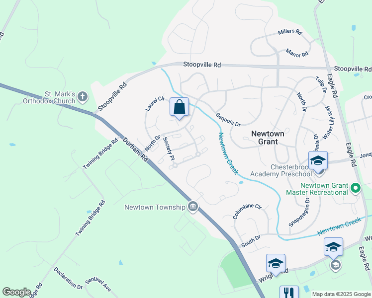 map of restaurants, bars, coffee shops, grocery stores, and more near 1606 Society Place in Newtown