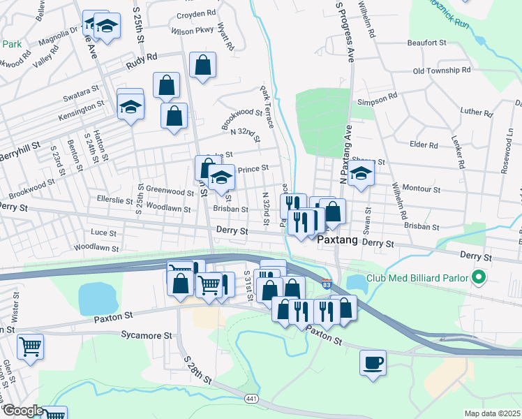 map of restaurants, bars, coffee shops, grocery stores, and more near 19 North 32nd Street in Harrisburg