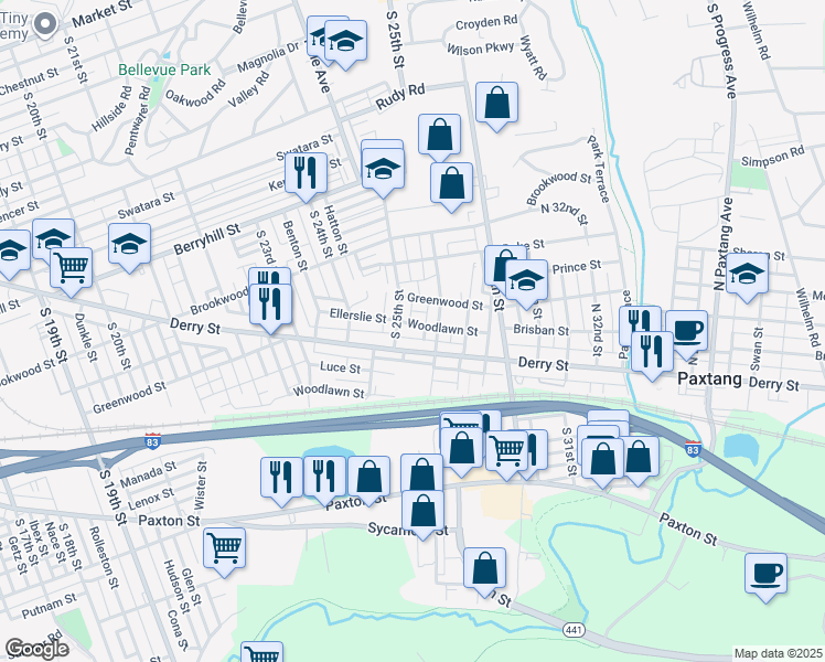 map of restaurants, bars, coffee shops, grocery stores, and more near 2518 Derry Street in Harrisburg