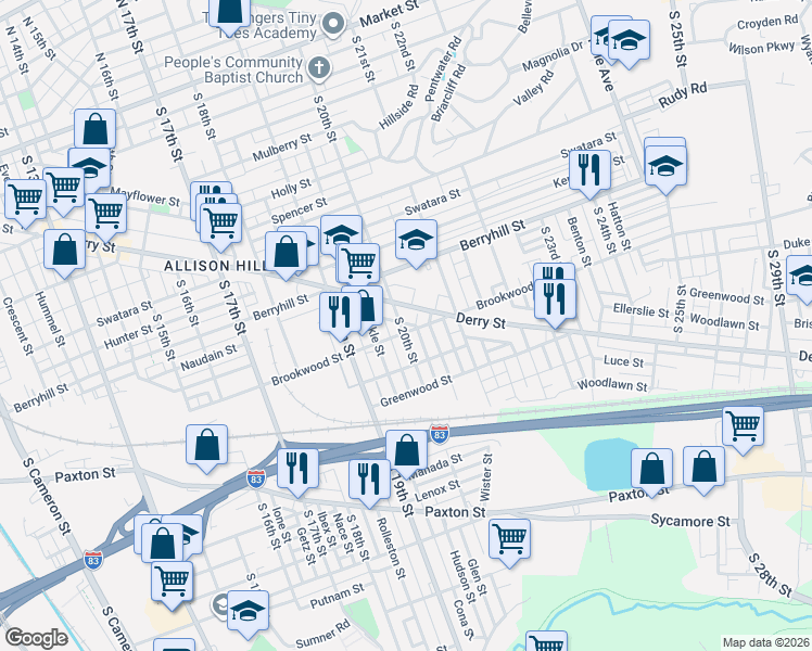 map of restaurants, bars, coffee shops, grocery stores, and more near 543 Dunkle Street in Harrisburg