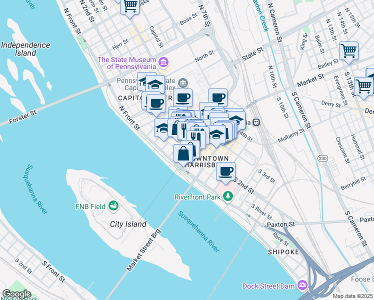 map of restaurants, bars, coffee shops, grocery stores, and more near 114 Walnut Street in Harrisburg
