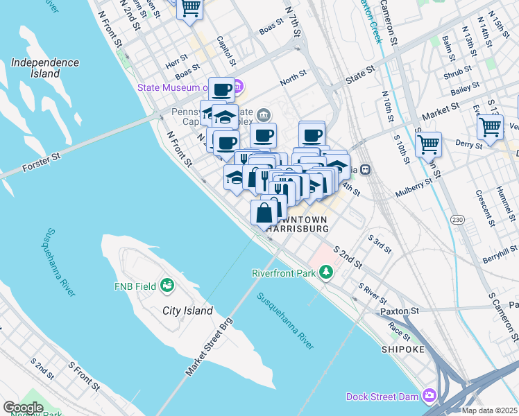 map of restaurants, bars, coffee shops, grocery stores, and more near 114 Walnut Street in Harrisburg