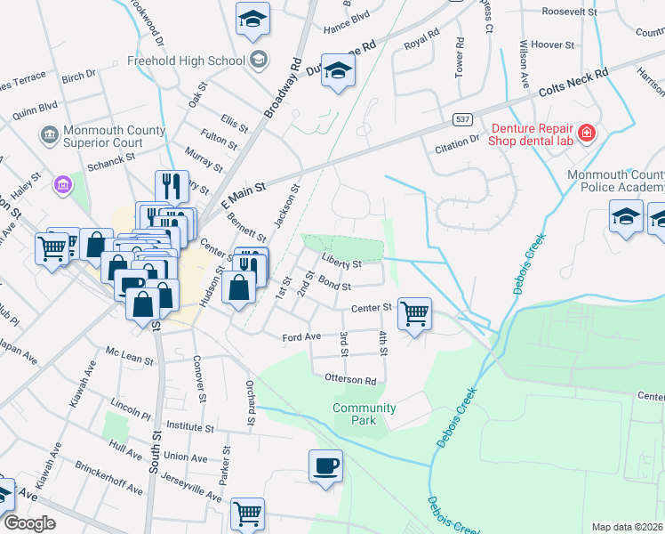 map of restaurants, bars, coffee shops, grocery stores, and more near 25 Bond Street in Freehold