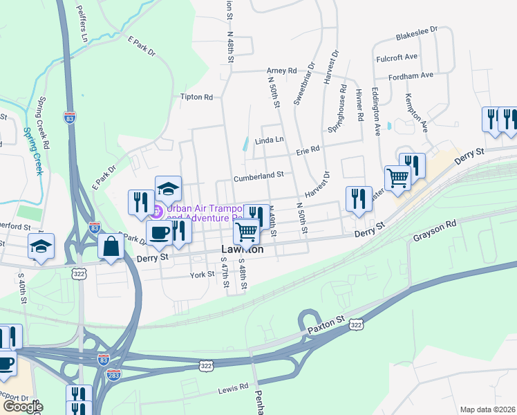 map of restaurants, bars, coffee shops, grocery stores, and more near 4812 Lancaster Street in Harrisburg