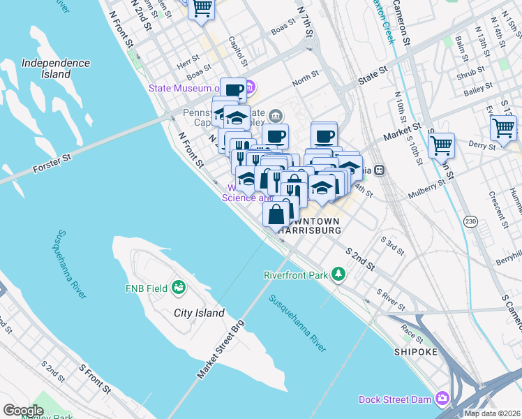 map of restaurants, bars, coffee shops, grocery stores, and more near 205 North Front Street in Harrisburg