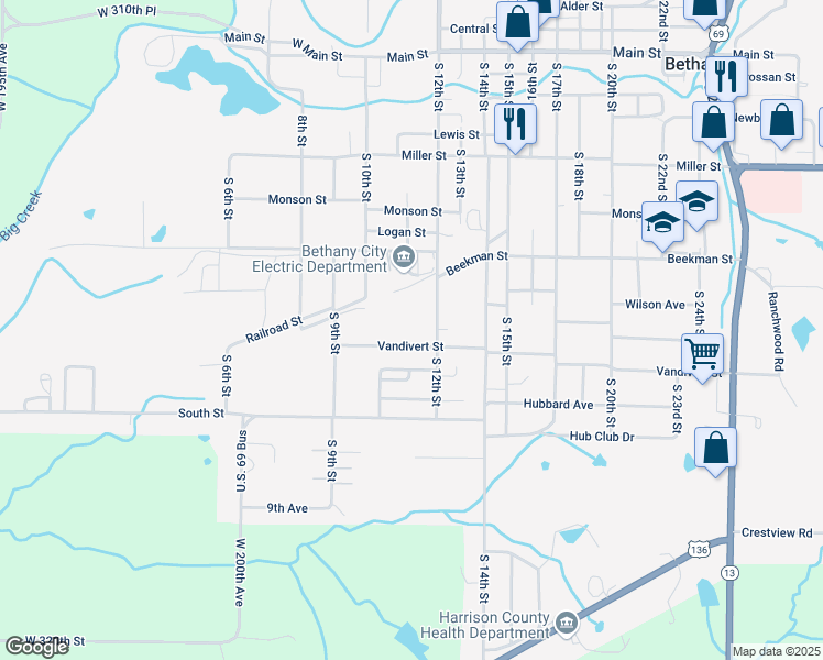 map of restaurants, bars, coffee shops, grocery stores, and more near 1103 Vandivert Street in Bethany