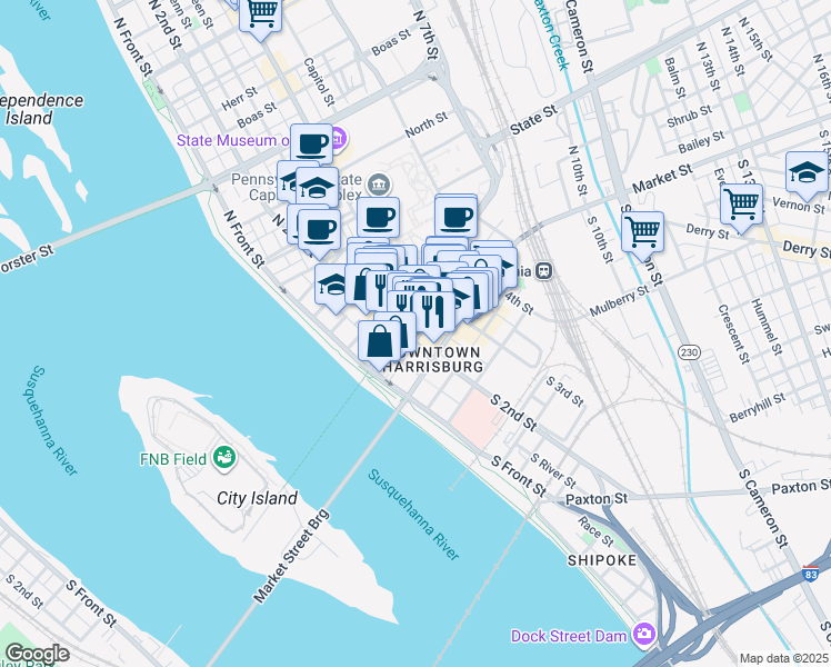 map of restaurants, bars, coffee shops, grocery stores, and more near 17 North 2nd Street in Harrisburg
