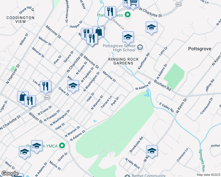 map of restaurants, bars, coffee shops, grocery stores, and more near 1068 North Warren Street in Pottstown