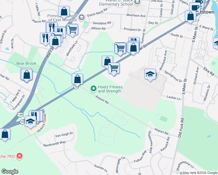 map of restaurants, bars, coffee shops, grocery stores, and more near 22 Columbia Avenue in East Windsor
