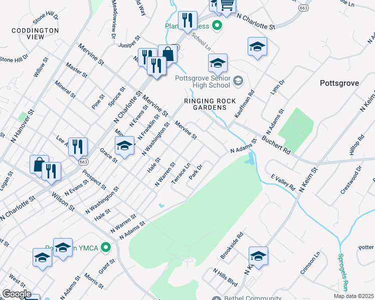 map of restaurants, bars, coffee shops, grocery stores, and more near 1068 North Warren Street in Pottstown