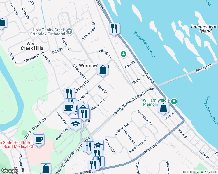map of restaurants, bars, coffee shops, grocery stores, and more near 350 Poplar Church Road in Camp Hill