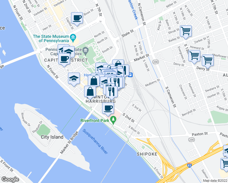 map of restaurants, bars, coffee shops, grocery stores, and more near 298 Blackberry Street in Harrisburg