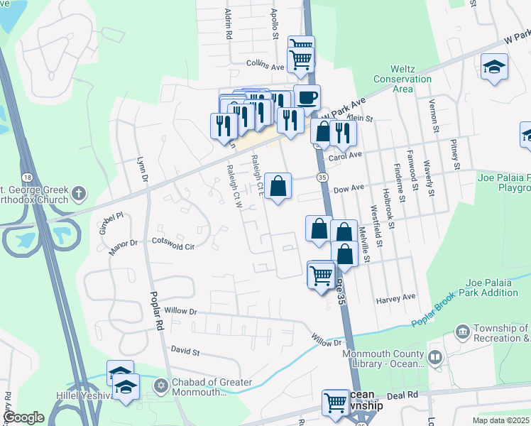 map of restaurants, bars, coffee shops, grocery stores, and more near 1762 Raleigh Court East in Asbury Park