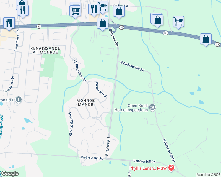 map of restaurants, bars, coffee shops, grocery stores, and more near 11 Lily Court in Monroe Township