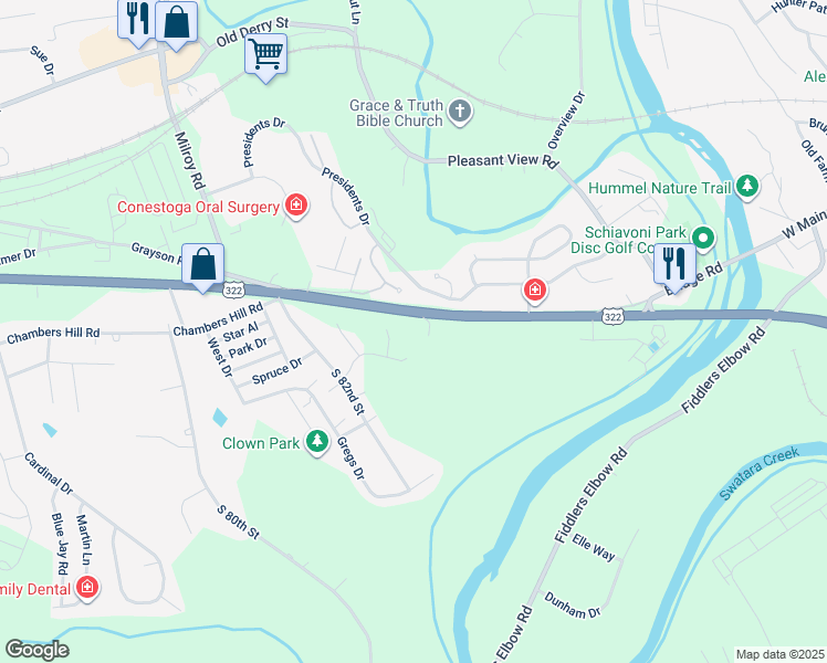 map of restaurants, bars, coffee shops, grocery stores, and more near 8485 Paxton Street in Hummelstown