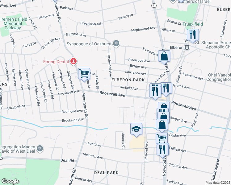 map of restaurants, bars, coffee shops, grocery stores, and more near 290 Roosevelt Avenue in Ocean Township