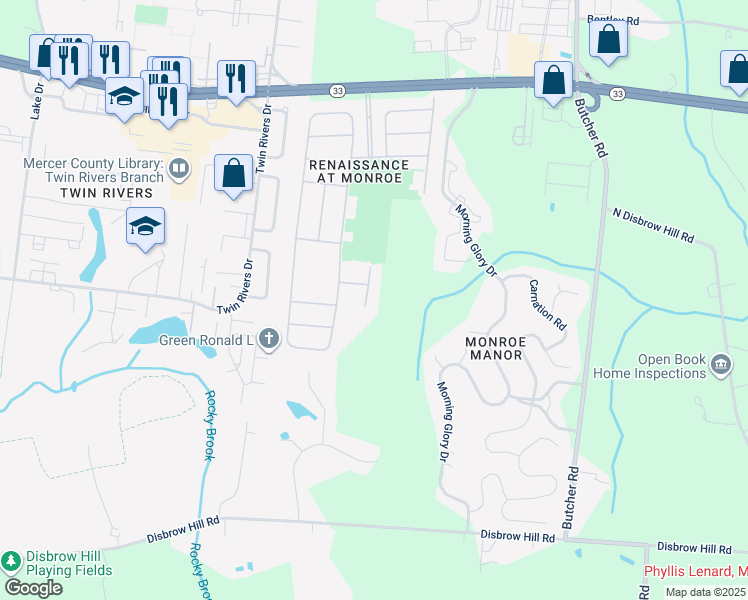 map of restaurants, bars, coffee shops, grocery stores, and more near Fontaine Court in Monroe Township