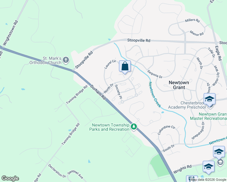 map of restaurants, bars, coffee shops, grocery stores, and more near 608 Society Place in Newtown