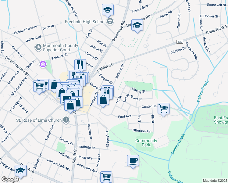map of restaurants, bars, coffee shops, grocery stores, and more near 63 Center Street in Freehold