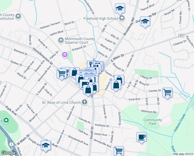 map of restaurants, bars, coffee shops, grocery stores, and more near 21 Mechanic Street in Freehold