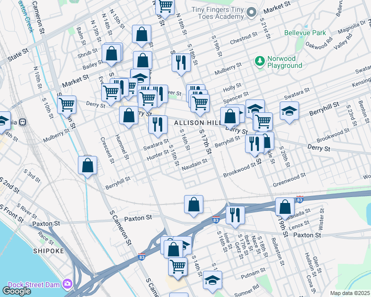 map of restaurants, bars, coffee shops, grocery stores, and more near 1543 Berryhill Street in Harrisburg