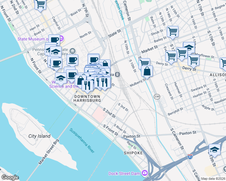 map of restaurants, bars, coffee shops, grocery stores, and more near 351 Chestnut Street in Harrisburg