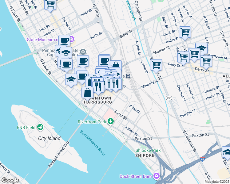 map of restaurants, bars, coffee shops, grocery stores, and more near 260 Chestnut Street in Harrisburg