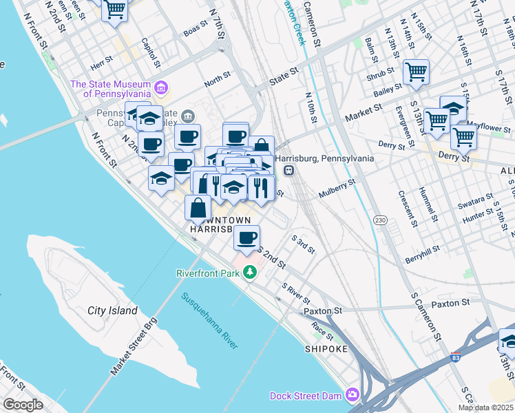 map of restaurants, bars, coffee shops, grocery stores, and more near 260 Chestnut Street in Harrisburg