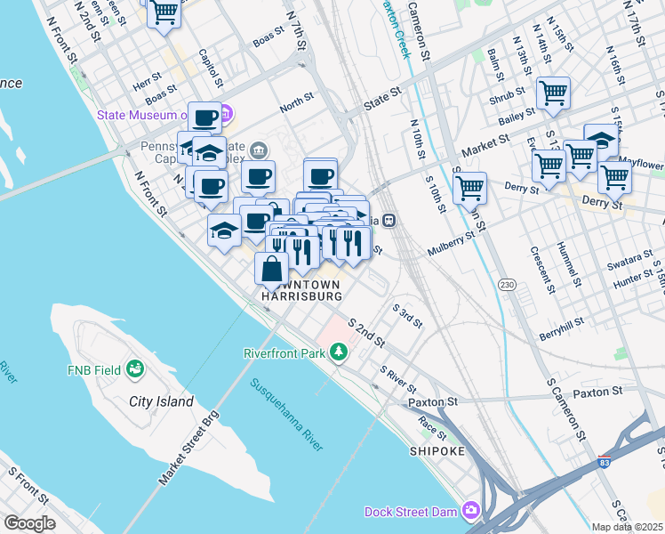 map of restaurants, bars, coffee shops, grocery stores, and more near 213 Market Street in Harrisburg