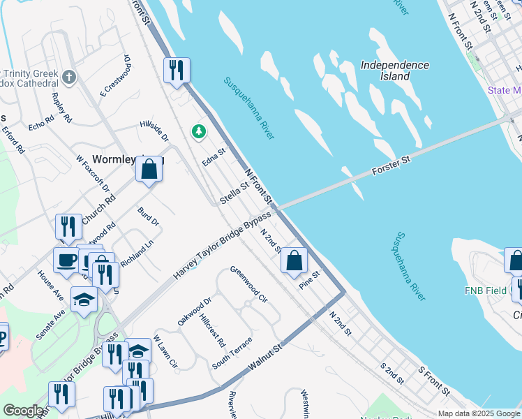 map of restaurants, bars, coffee shops, grocery stores, and more near 436 North Front Street in Wormleysburg