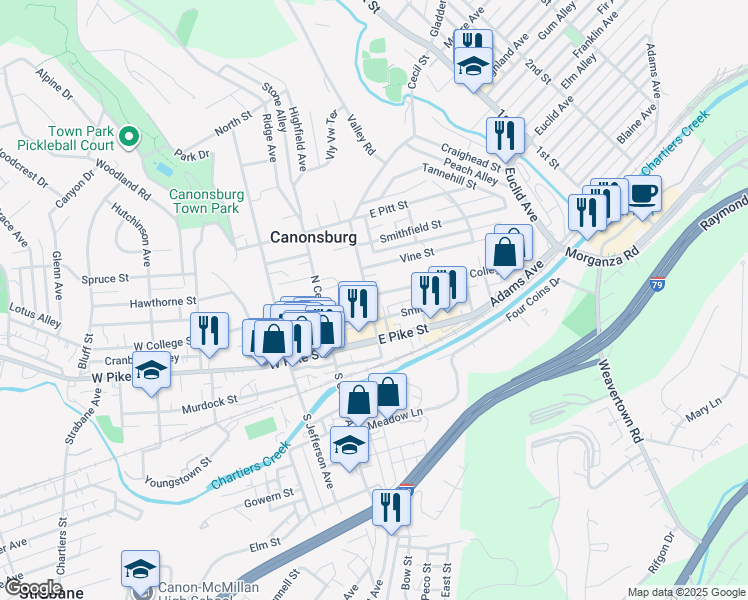 map of restaurants, bars, coffee shops, grocery stores, and more near 117 Smith Street in Canonsburg