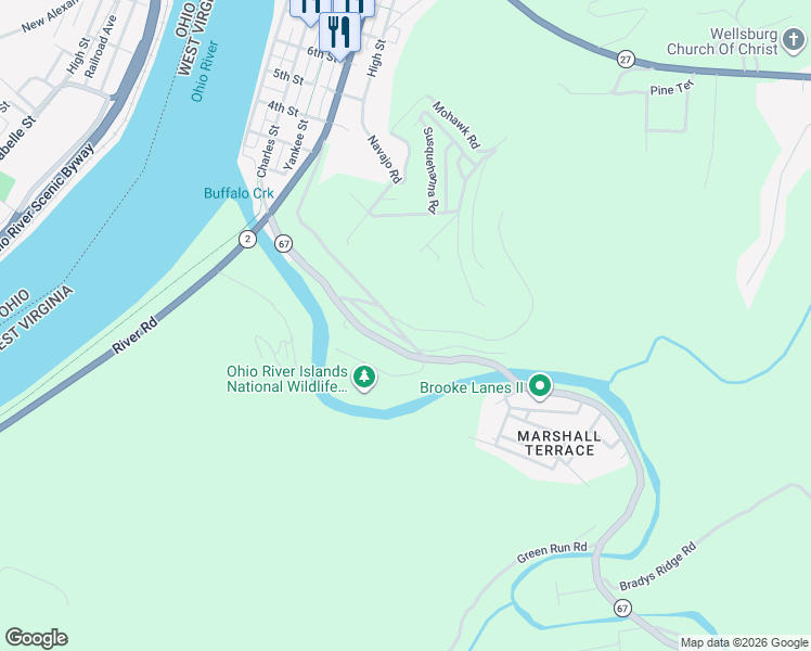 map of restaurants, bars, coffee shops, grocery stores, and more near 46 Commerce Saint Exd in Wellsburg