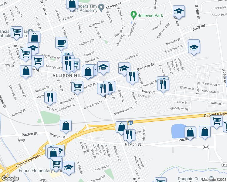 map of restaurants, bars, coffee shops, grocery stores, and more near 539 Dunkle Street in Harrisburg