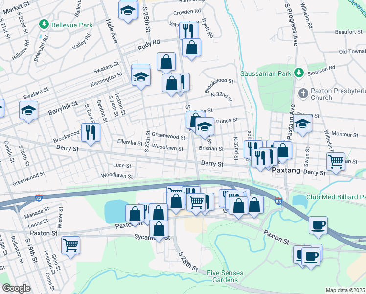 map of restaurants, bars, coffee shops, grocery stores, and more near 2710 Woodlawn Street in Harrisburg