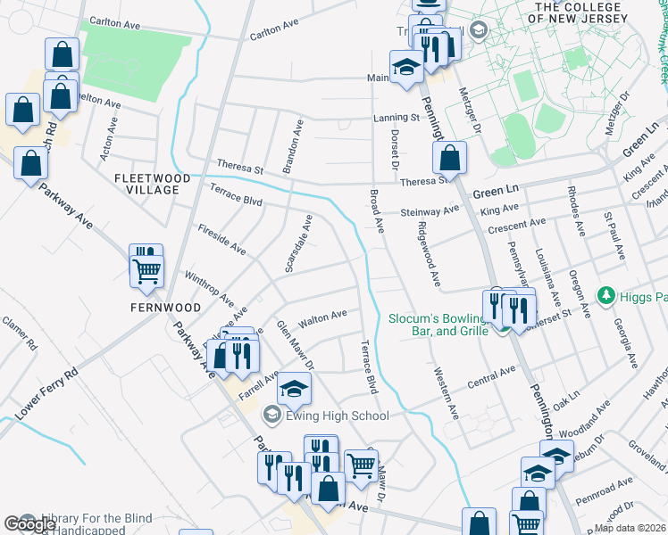 map of restaurants, bars, coffee shops, grocery stores, and more near 61 Dunmore Avenue in Ewing Township
