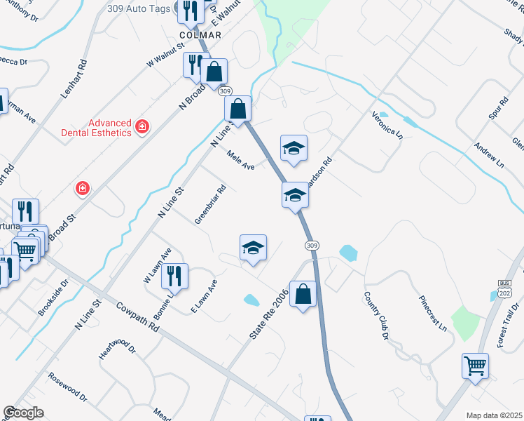 map of restaurants, bars, coffee shops, grocery stores, and more near Lenape Drive in Lansdale