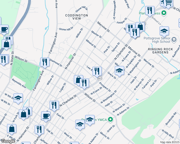 map of restaurants, bars, coffee shops, grocery stores, and more near 261 Prospect St in Pottstown
